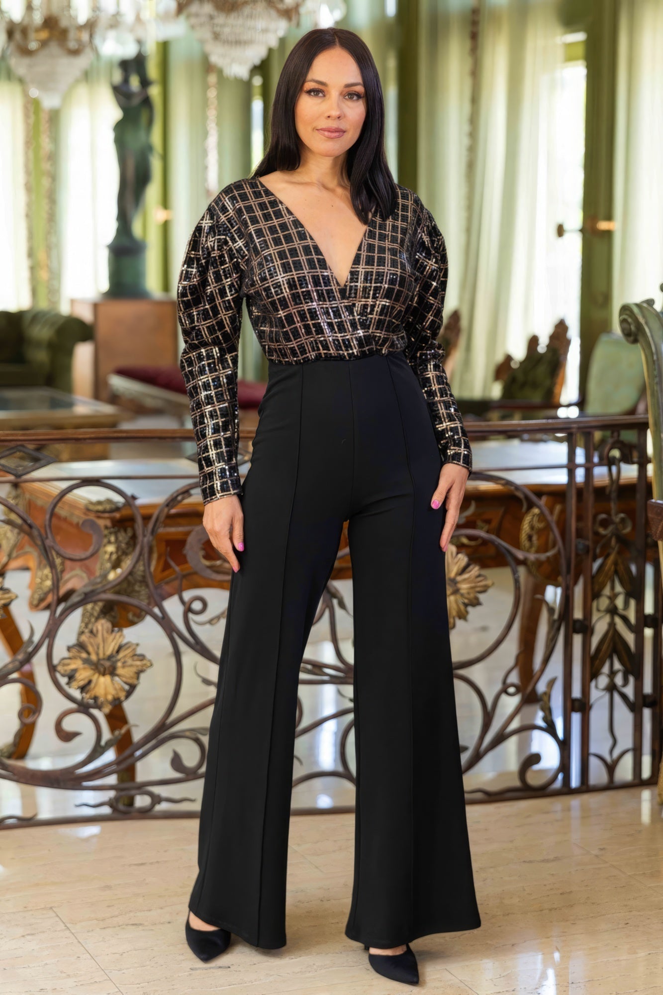 Checker Print Sequin Fashion Jumpsuit - Premium  from ZLA - Just $85! Shop now at ZLA