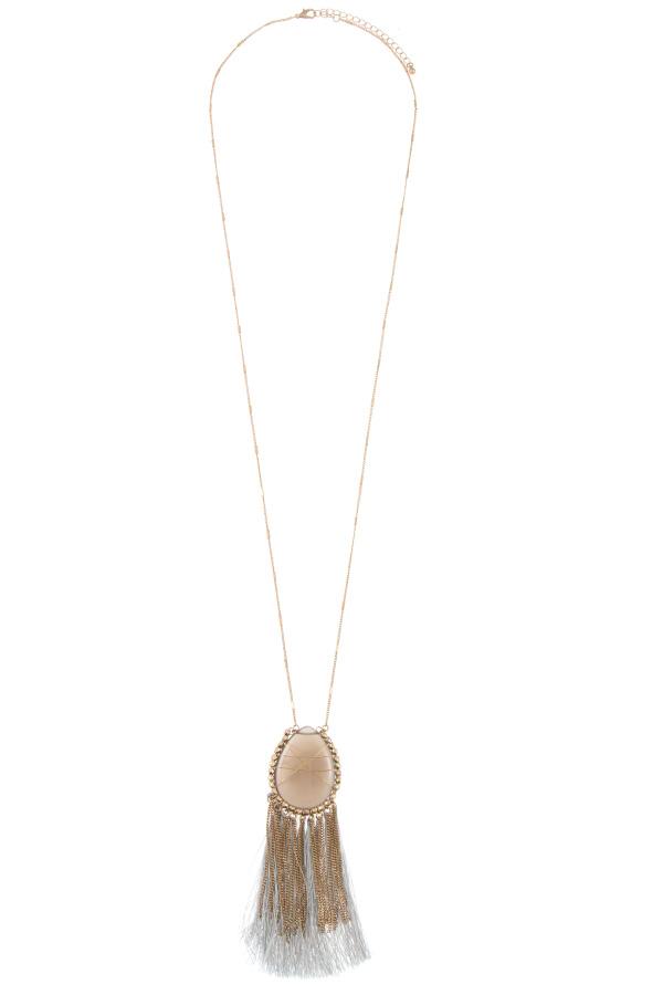 Elognated wrapped gem tassel pendant necklace - ZLA