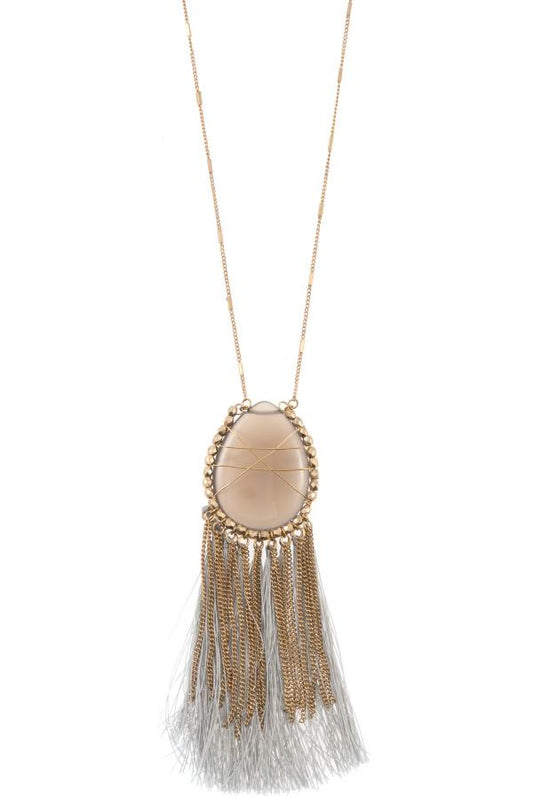 Elognated wrapped gem tassel pendant necklace - ZLA