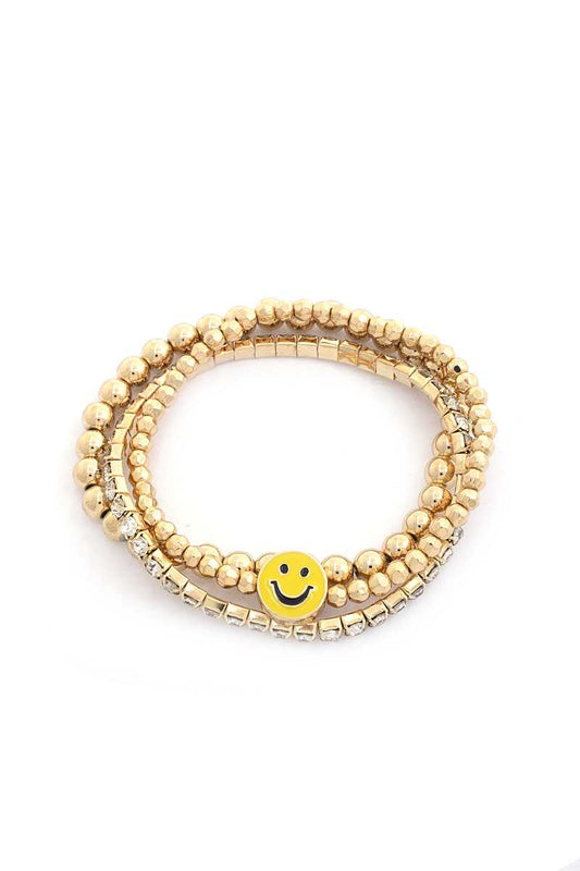 Enamel Happy Face Charm Rhinestone Ball Bead Bracelet Set - ZLA