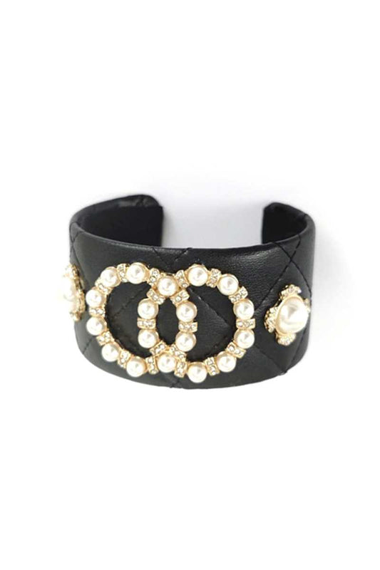 Fashion Pearl Double Round Studded Faux Leather Cuff Bracelet - ZLA