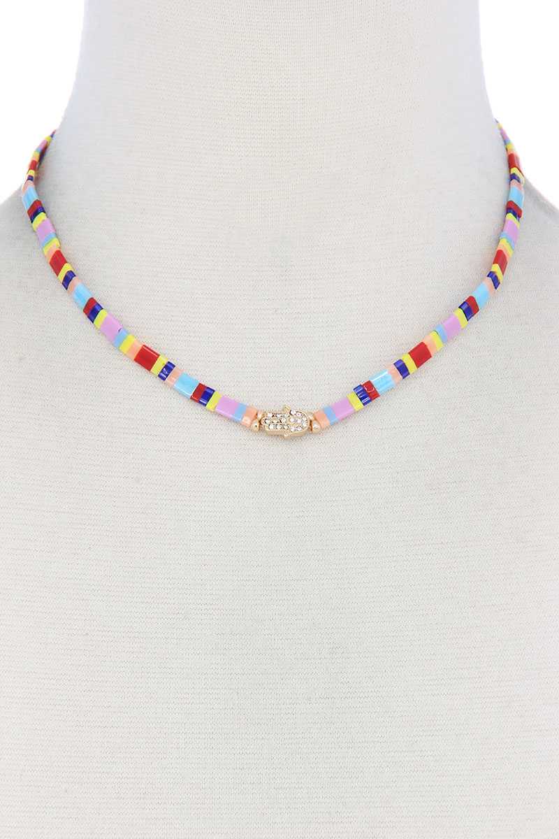 Hamsa Hand Charm Color Block Necklace - ZLA