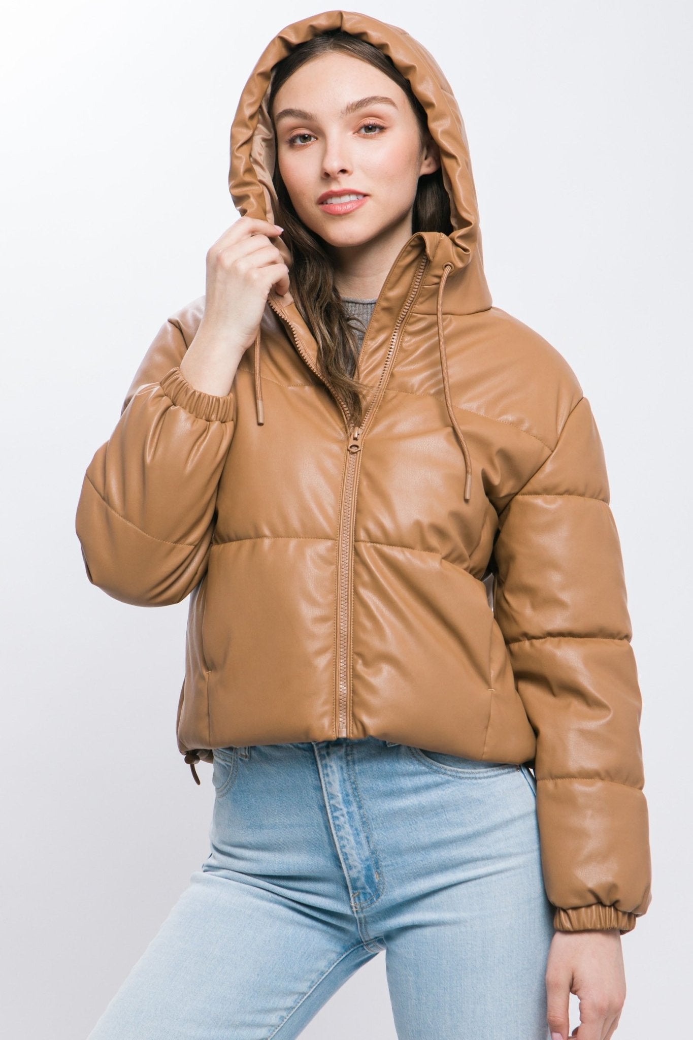 Pu Faux Leather Zipper Hooded Puffer Jacket - Premium  from ZLA - Just $40.50! Shop now at ZLA