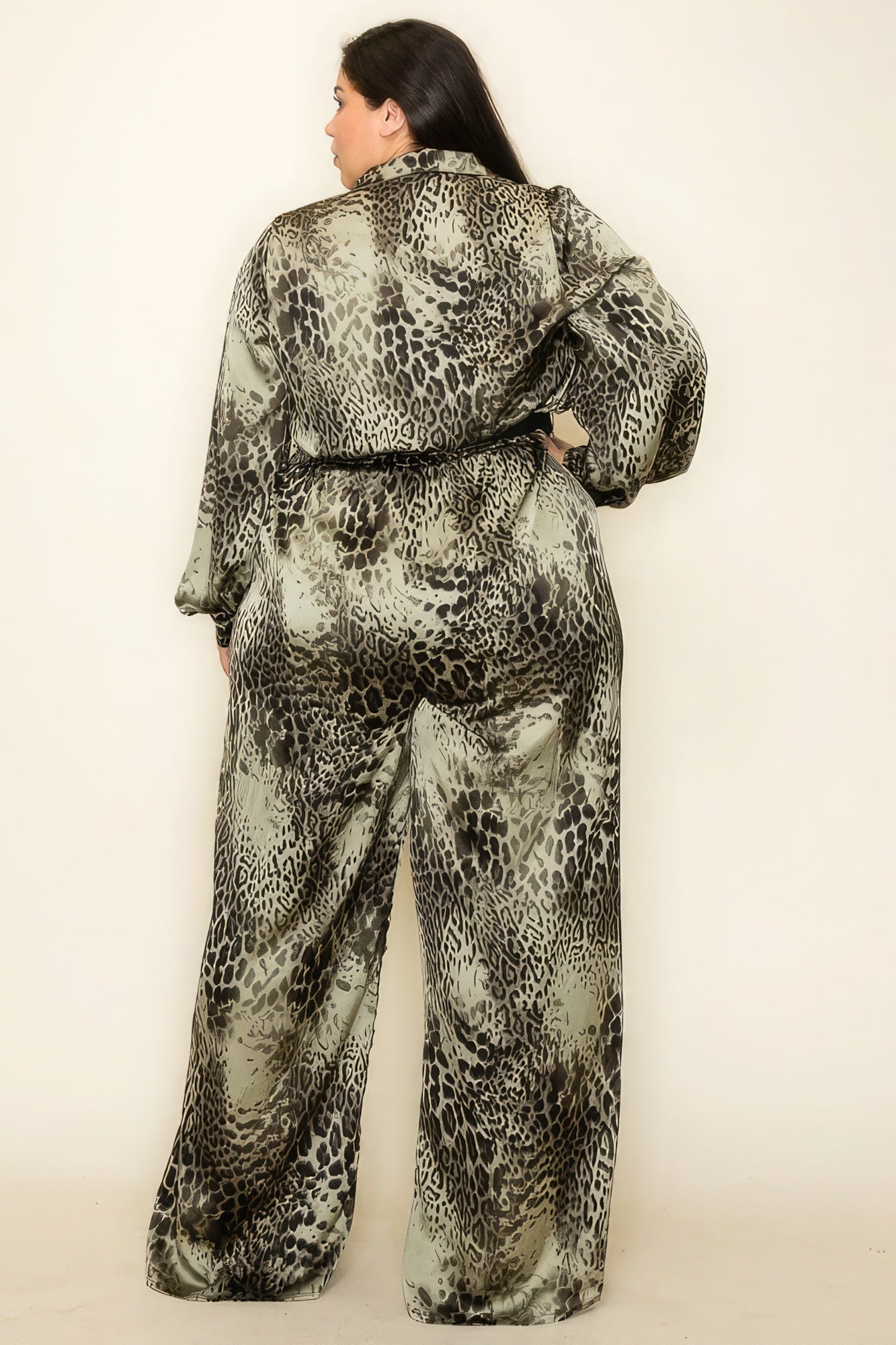 Satin Leopard Long Sleeve Button Down Palazzo Jumpsuit - Premium  from ZLA - Just $66.40! Shop now at ZLA