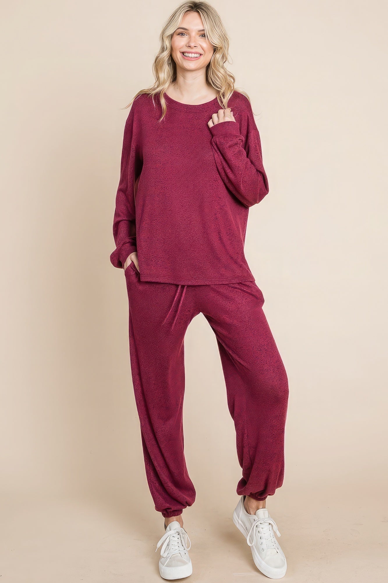 Two Tone Solid Warm And Soft Hacci Brush Loungewear Set - Premium  from ZLA - Just $49.50! Shop now at ZLA
