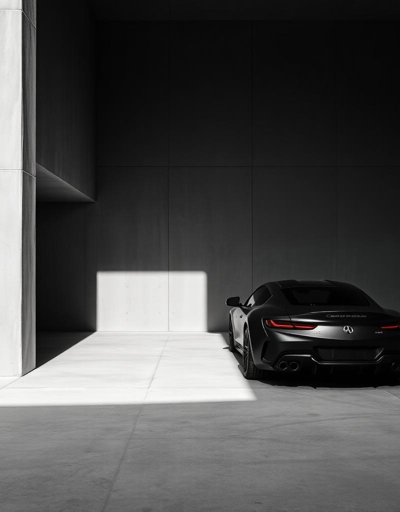 Matte black sports car in brutalist concrete garage