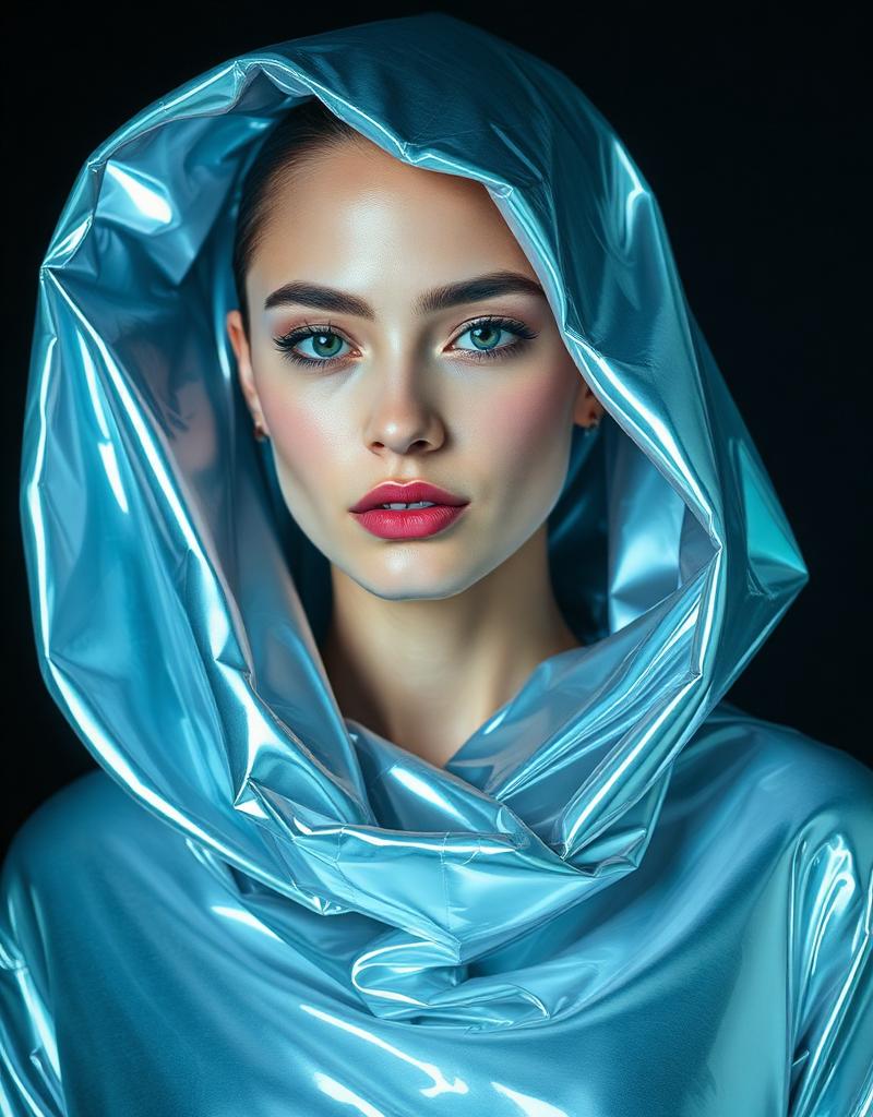 Editorial portrait wrapped in liquid metallic chrome fabric