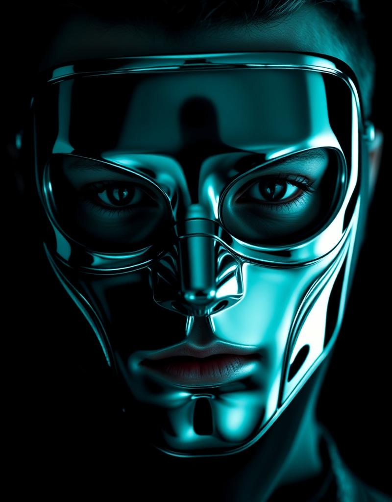 Chrome-masked figure under cyan rim light