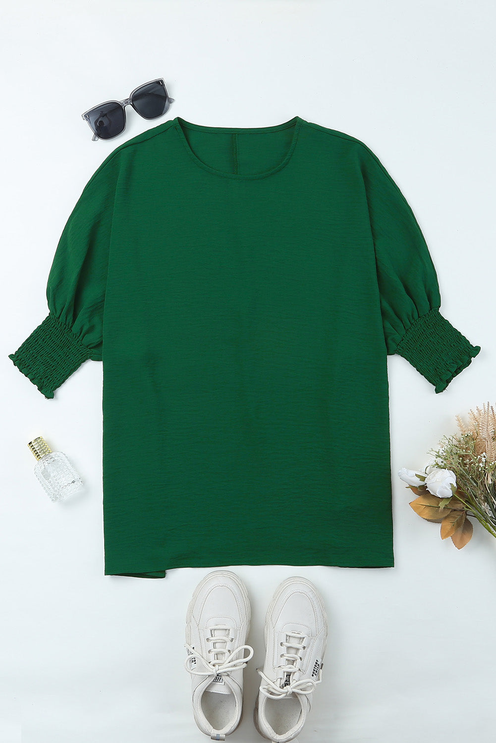 Green Smocked Wrist Shift Top