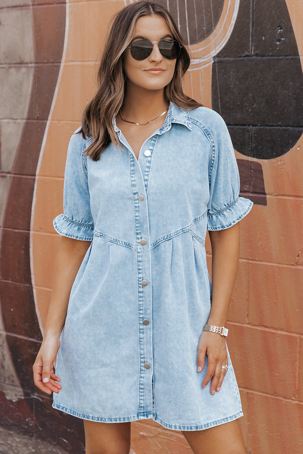 Beau Blue Mineral Wash Ruffled Short Sleeve Buttoned Denim Dress