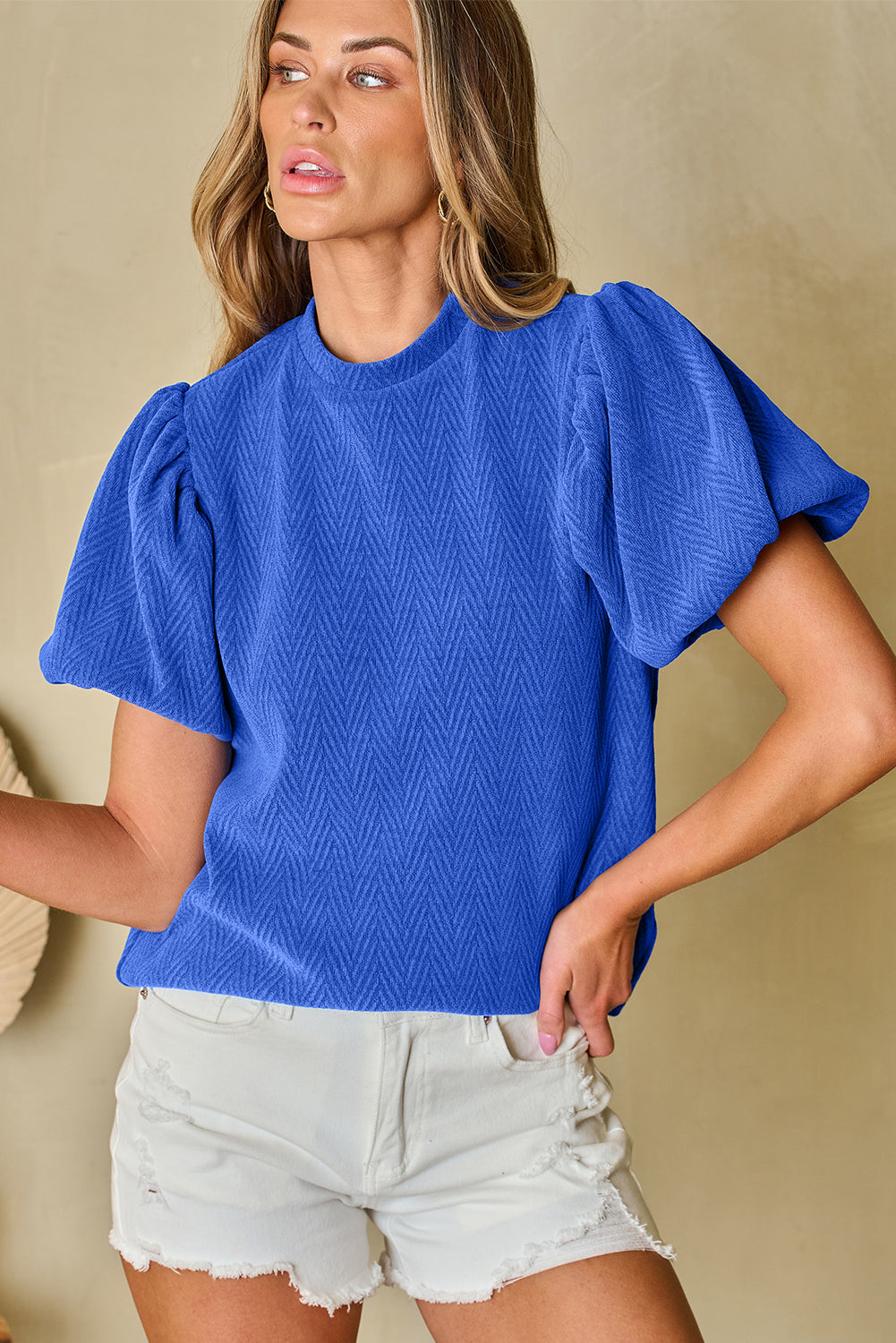 Sky Blue Solid Textured Puff Sleeve Mock Neck Blouse