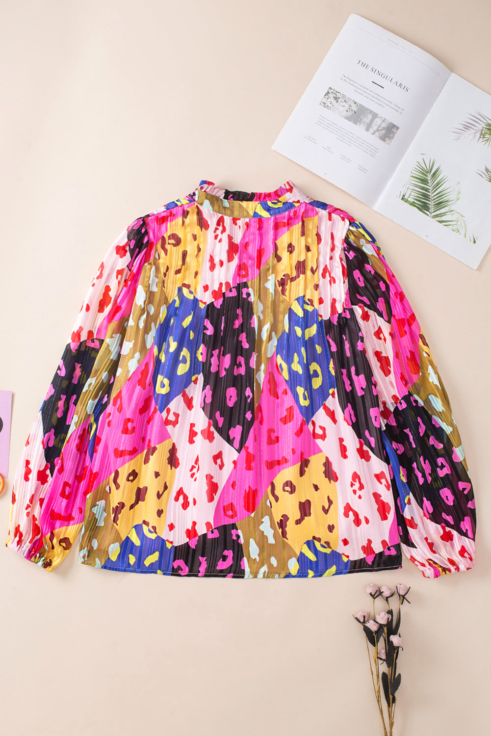 Rose Leopard Patchwork Print Pleated Blouse