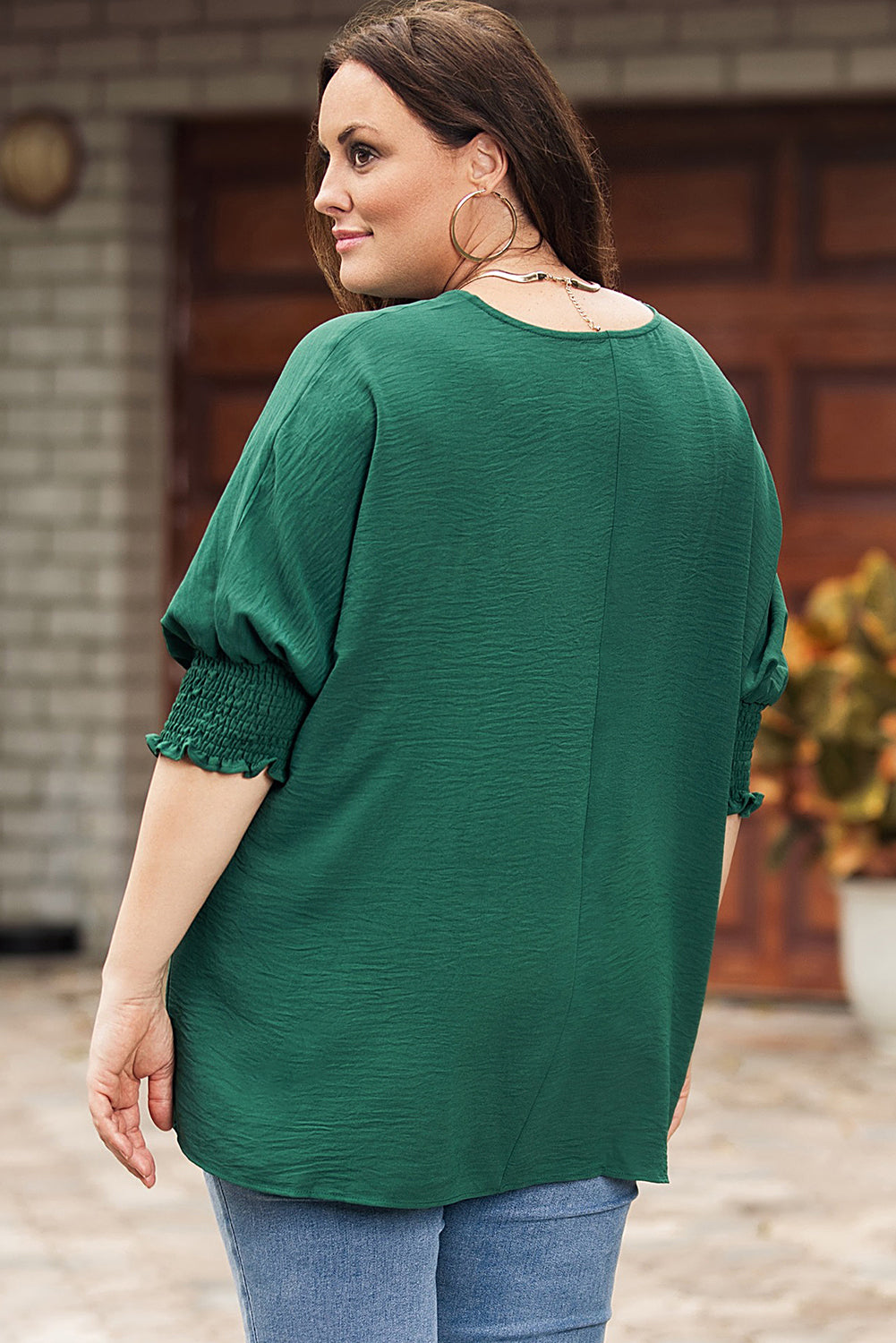 Green Smocked Wrist Shift Top