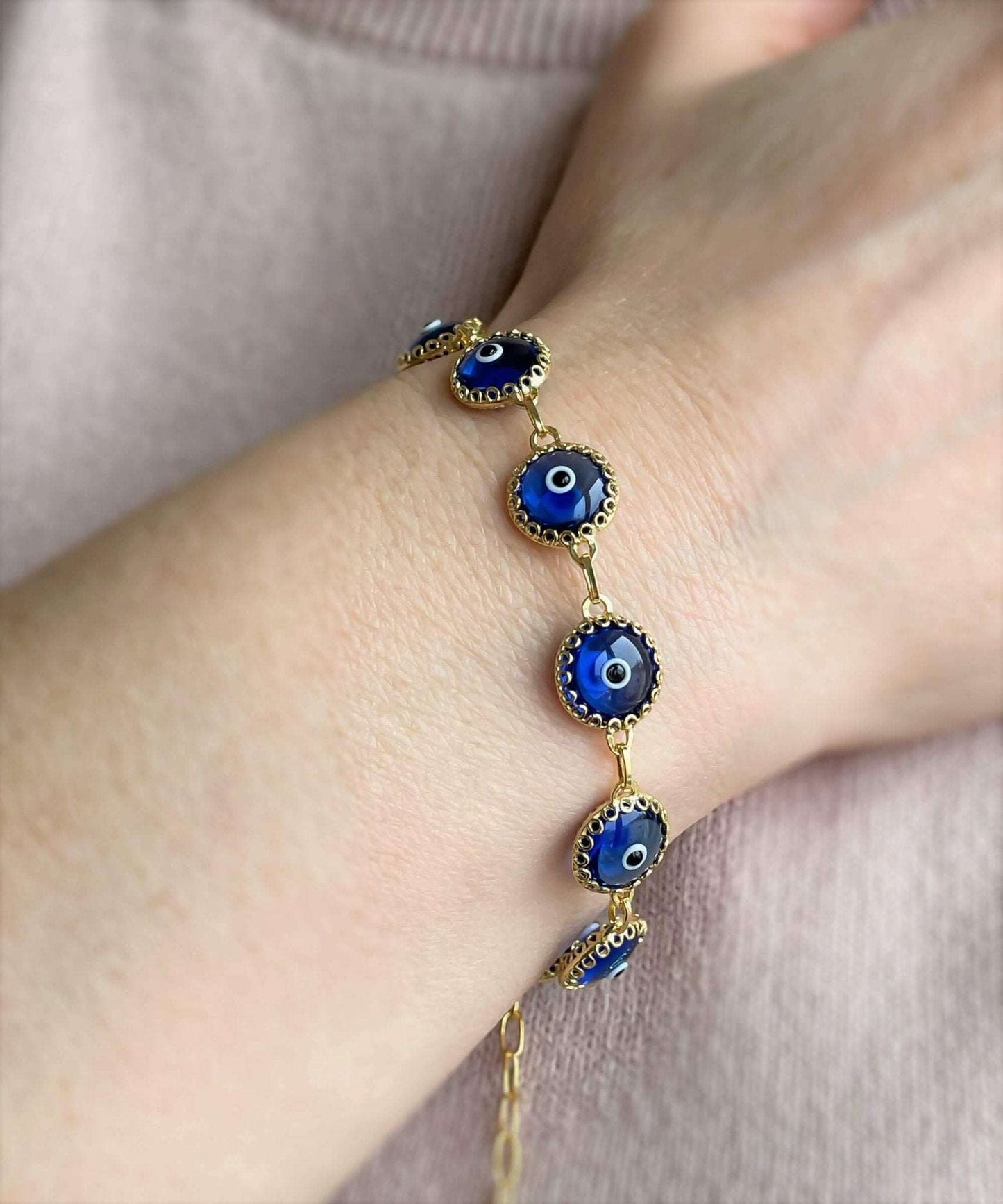 10 Beads Blue Evil Eye Women Gold Plated Silver Link Bracelet - Premium Jewelry & Watches from Scarlet Corydalis - Just $19.77! Shop now at ZLA