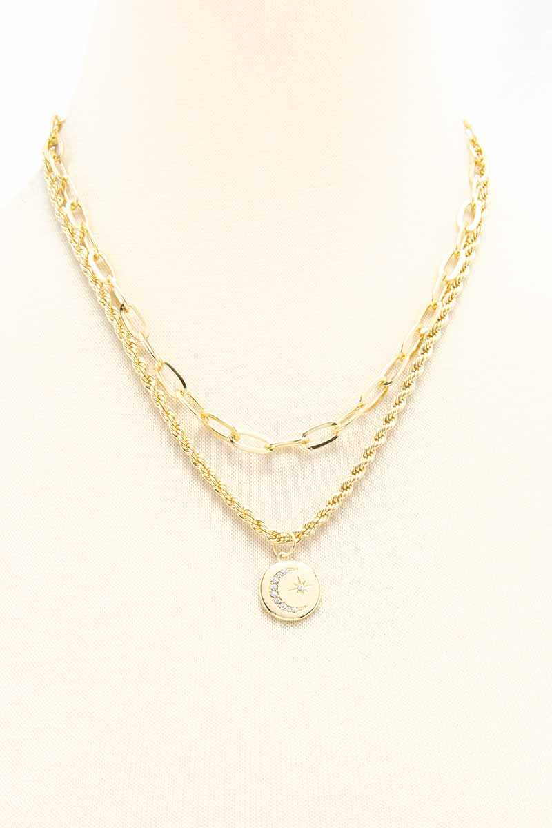 2 Layered Metal Chain Round Pendant Necklace - ZLA