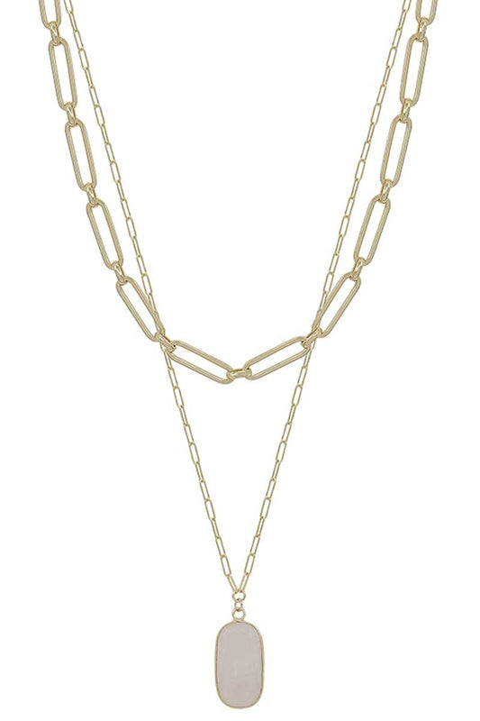 2 Layered Metal Chain Stone Pendant Necklace - ZLA