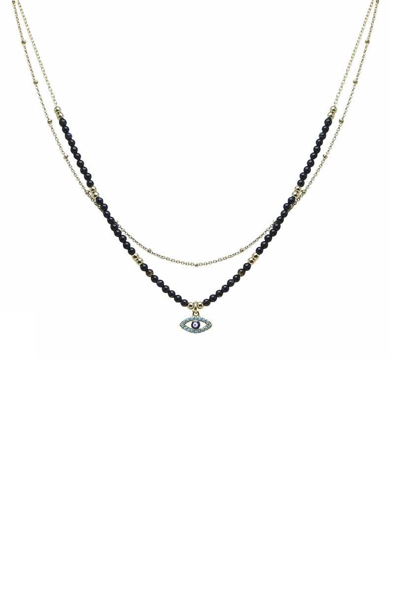 2 Layered Metal Seed Bead Evil Eye Pendant Necklace - ZLA