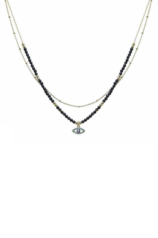 2 Layered Metal Seed Bead Evil Eye Pendant Necklace - ZLA