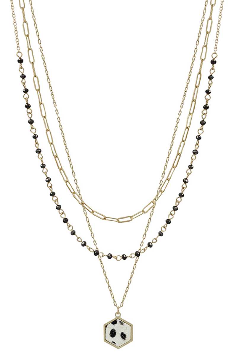 3 Layered Metal Crystal Bead Chain Hexagon Leopard Pendant Necklace - ZLA