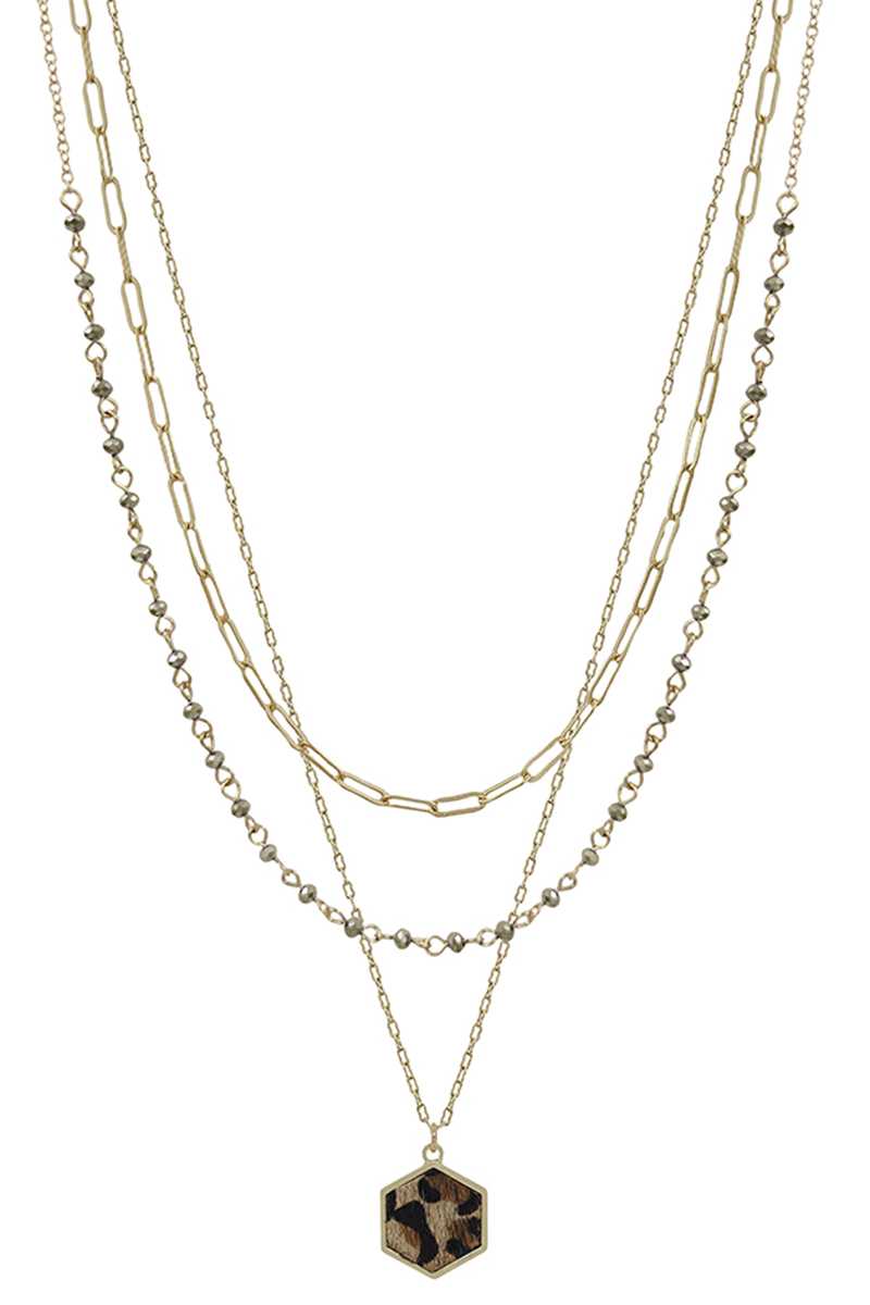 3 Layered Metal Crystal Bead Chain Hexagon Leopard Pendant Necklace - ZLA