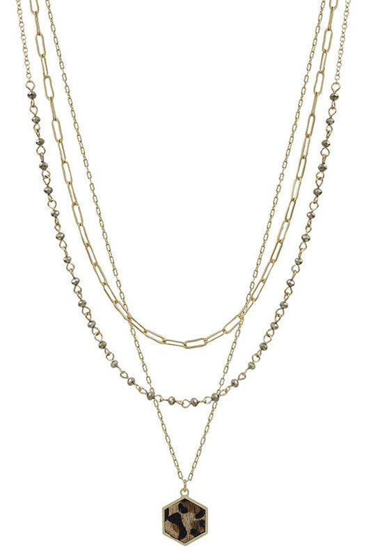 3 Layered Metal Crystal Bead Chain Hexagon Leopard Pendant Necklace - ZLA