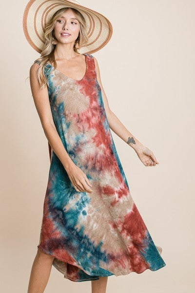 Tie Dye Ribbed Brush Sleeveless Flowy Asymmetrical Hem Midi Dress