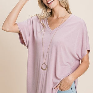 Solid V Neck Casual And Basic Top With Short Dolman Sleeves And Side Slit Hem