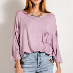 Rounded Neckline 3/4 Sleeves Washed Top