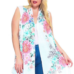 Floral Print, Open Front Vest With An Asymmetric Hem.
