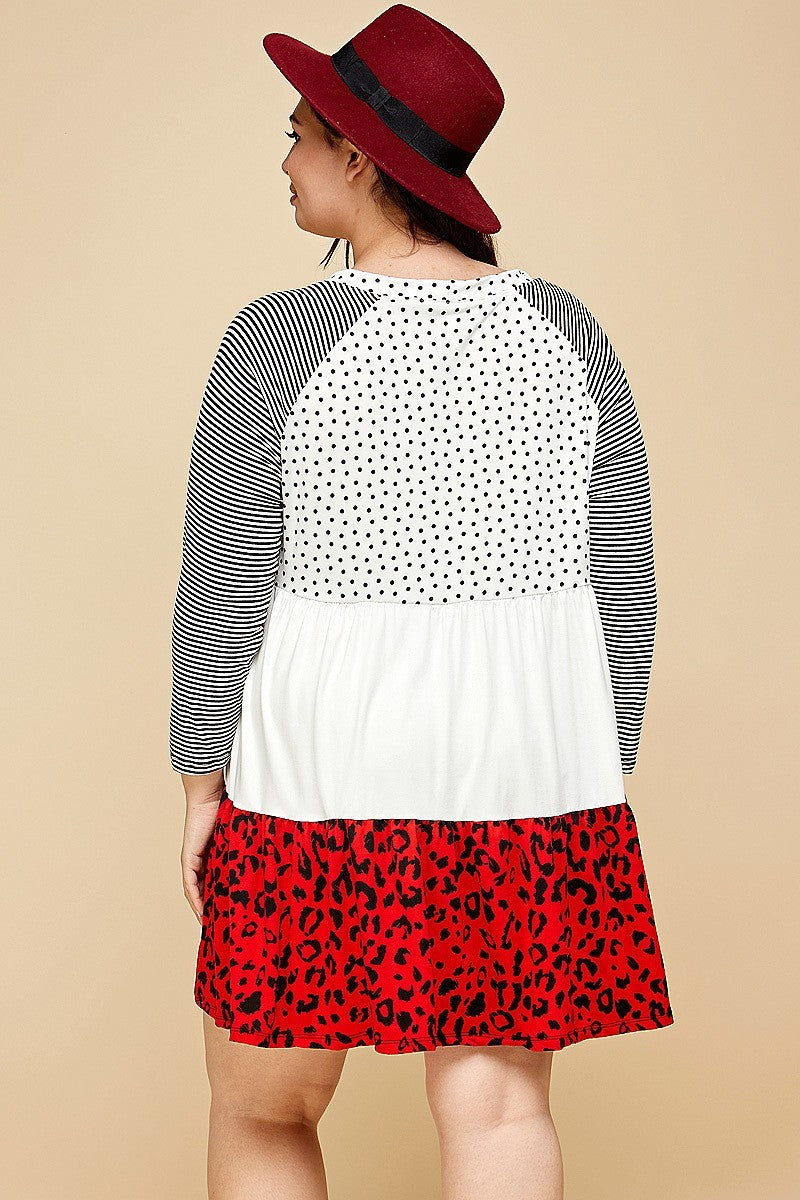 Plus Size Cute Polka Dot And Animal Print Contrast Swing Tiered Dress