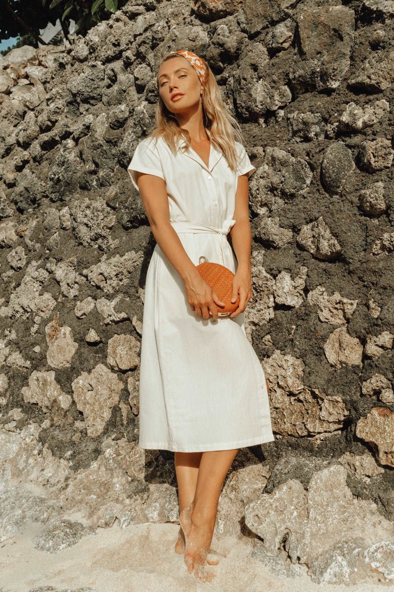 ARYA Safari Linen Midi Dress In Off White - Premium  from BrunnaCo - Just $119.50! Shop now at ZLA