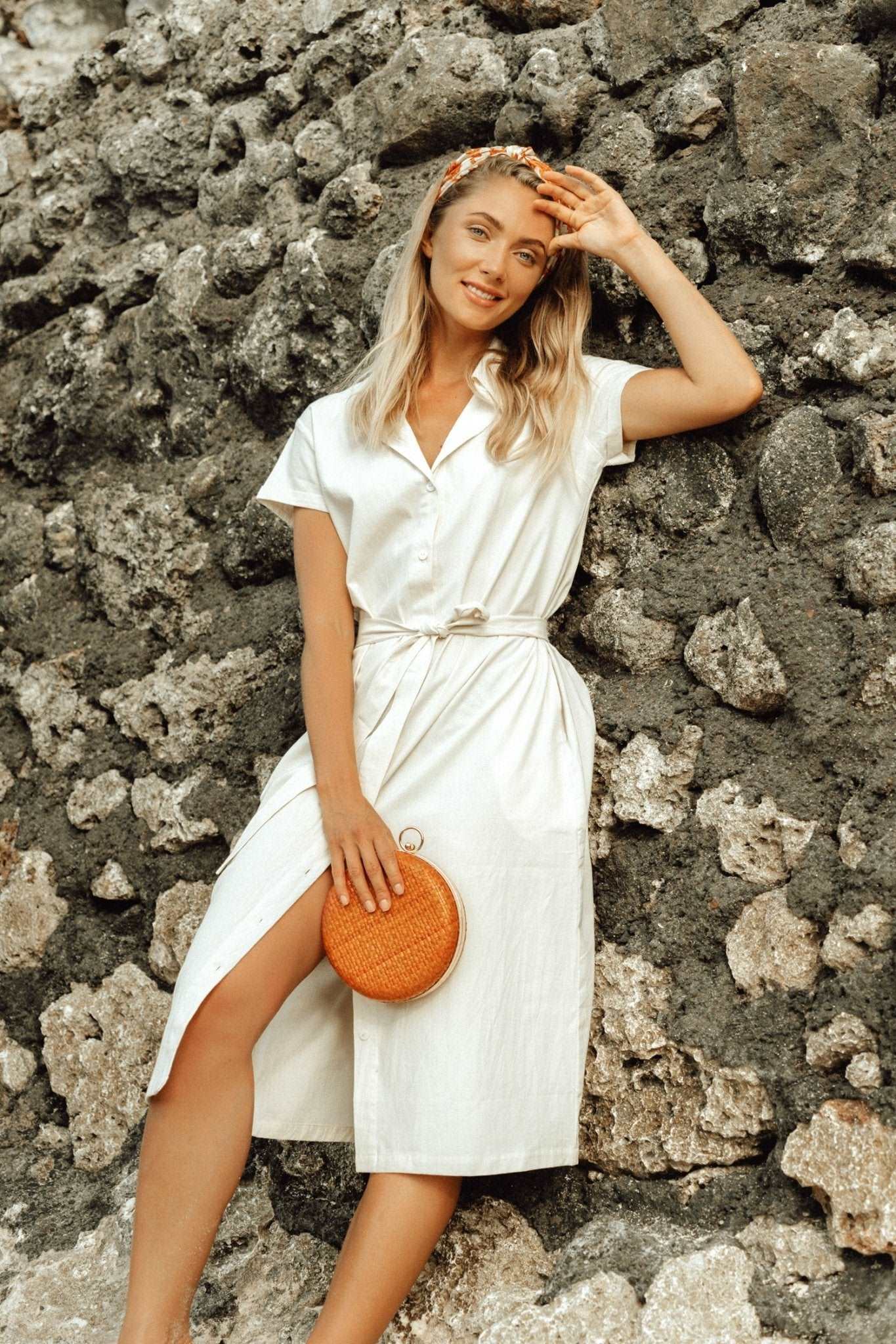 ARYA Safari Linen Midi Dress In Off White - Premium  from BrunnaCo - Just $119.50! Shop now at ZLA