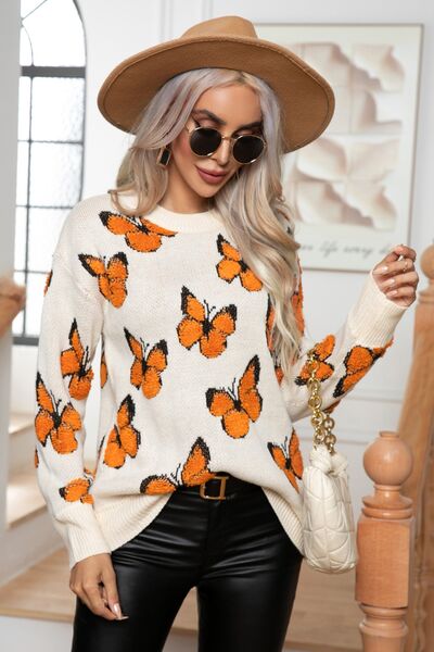 Butterfly Round Neck Long Sleeve Sweater - Premium  from Trendsi - Just $36! Shop now at ZLA