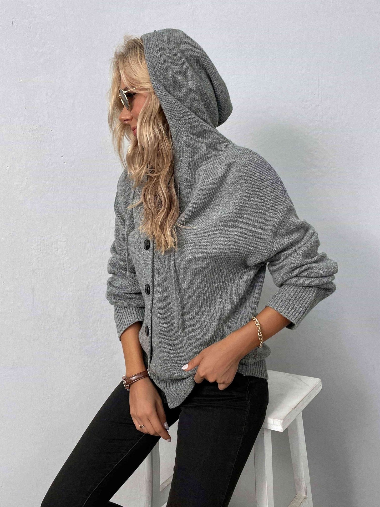 Button-Down Long Sleeve Hooded Sweater - Premium  from Trendsi - Just $37! Shop now at ZLA