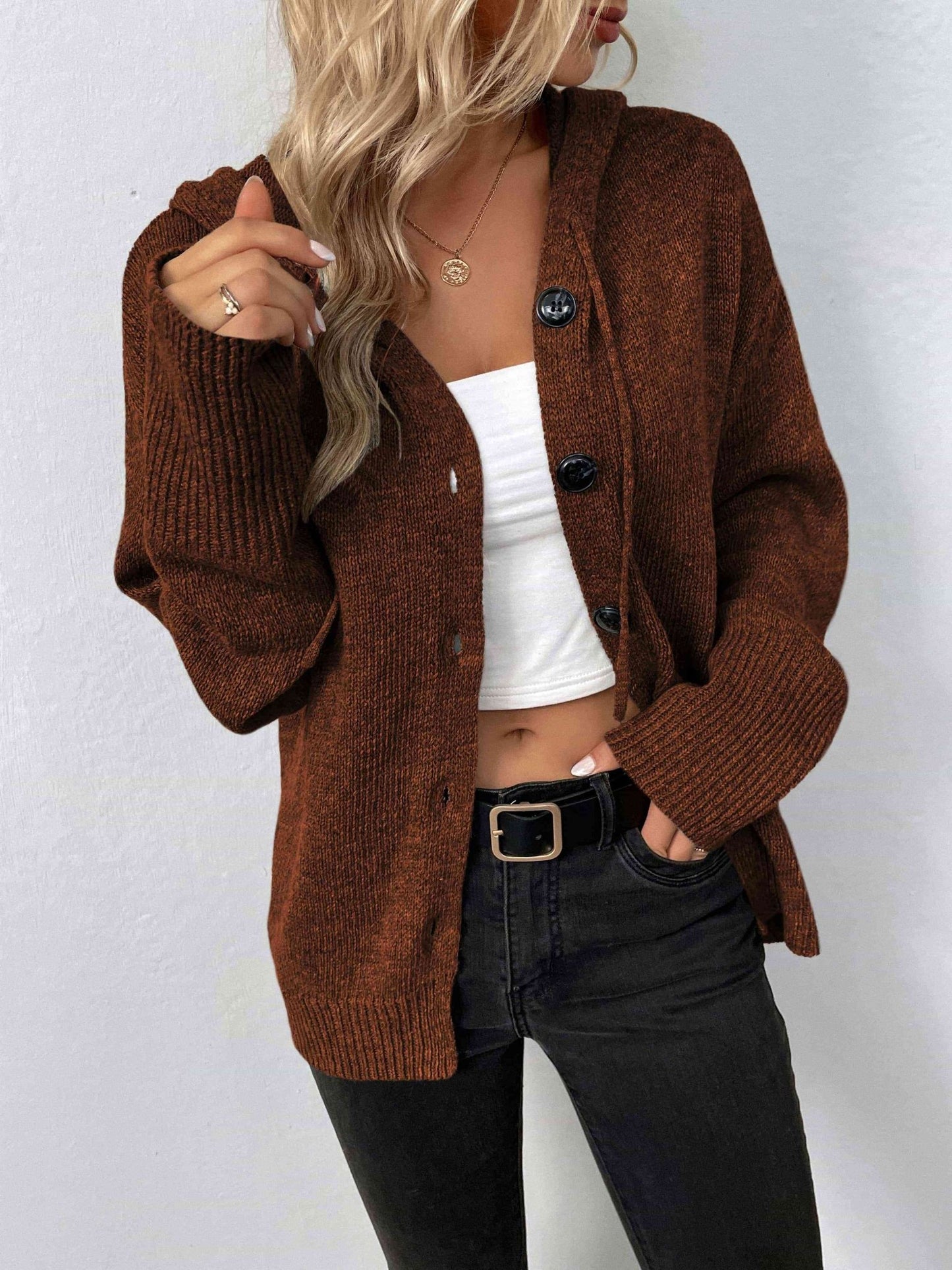 Button-Down Long Sleeve Hooded Sweater - Premium  from Trendsi - Just $37! Shop now at ZLA