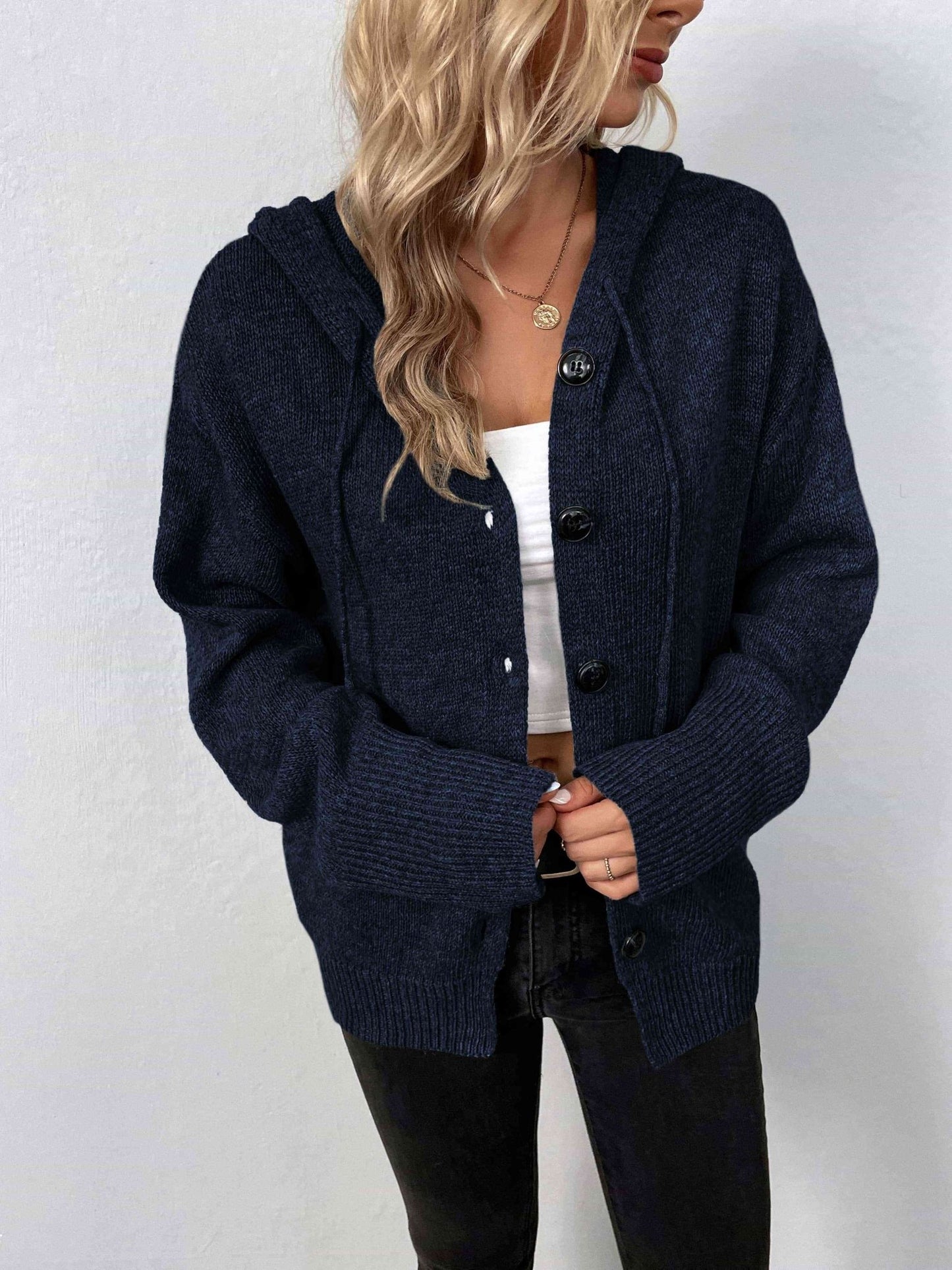 Button-Down Long Sleeve Hooded Sweater - Premium  from Trendsi - Just $37! Shop now at ZLA