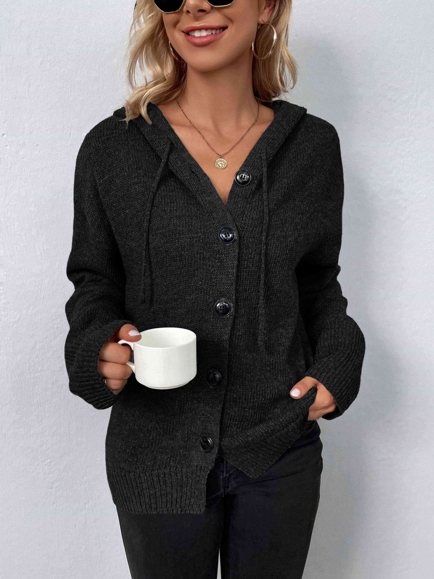 Button-Down Long Sleeve Hooded Sweater - Premium  from Trendsi - Just $37! Shop now at ZLA
