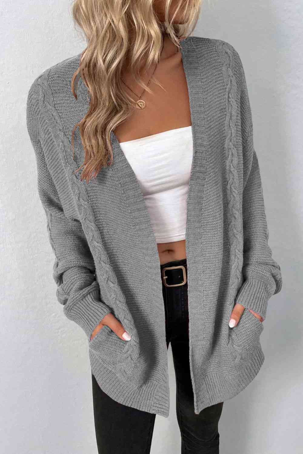Cable-Knit Open Front Cardigan with Pockets - Premium  from Trendsi - Just $37! Shop now at ZLA