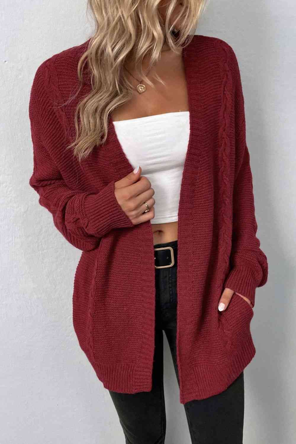 Cable-Knit Open Front Cardigan with Pockets - Premium  from Trendsi - Just $37! Shop now at ZLA
