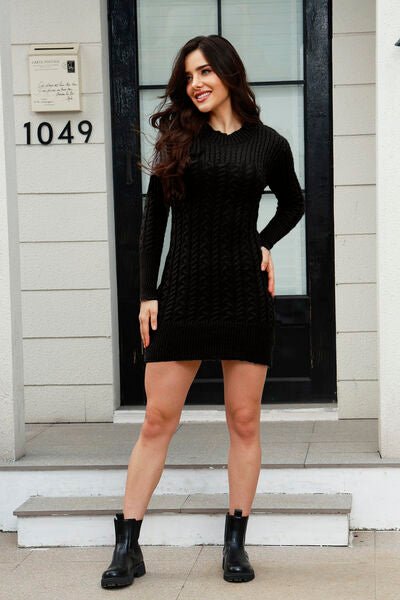 Cable-Knit Round Neck Long Sleeve Mini Sweater Dress - Premium  from Trendsi - Just $50! Shop now at ZLA