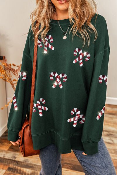 Candy Cane Sequin Round Neck Long Sleeve Sweatshirt - Premium  from Trendsi - Just $42! Shop now at ZLA