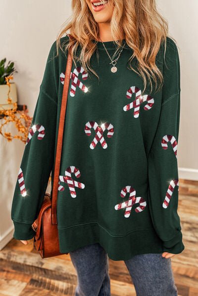 Candy Cane Sequin Round Neck Long Sleeve Sweatshirt - Premium  from Trendsi - Just $42! Shop now at ZLA