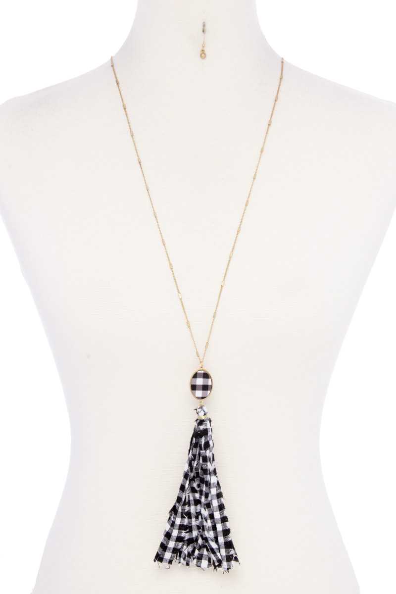 Checkered Pattern Fabric Tassel Necklace - ZLA