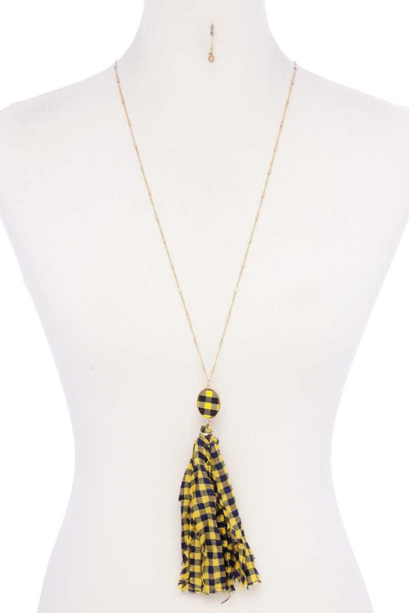 Checkered Pattern Fabric Tassel Necklace - ZLA