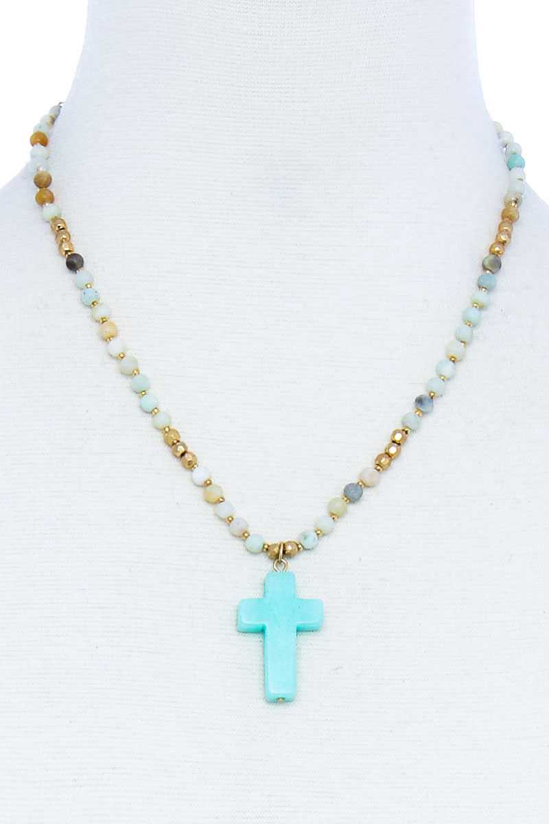 Chic Beaded And Cross Pendant Necklace - ZLA