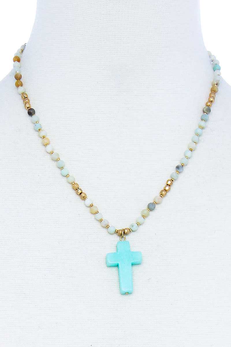 Chic Beaded And Cross Pendant Necklace - ZLA