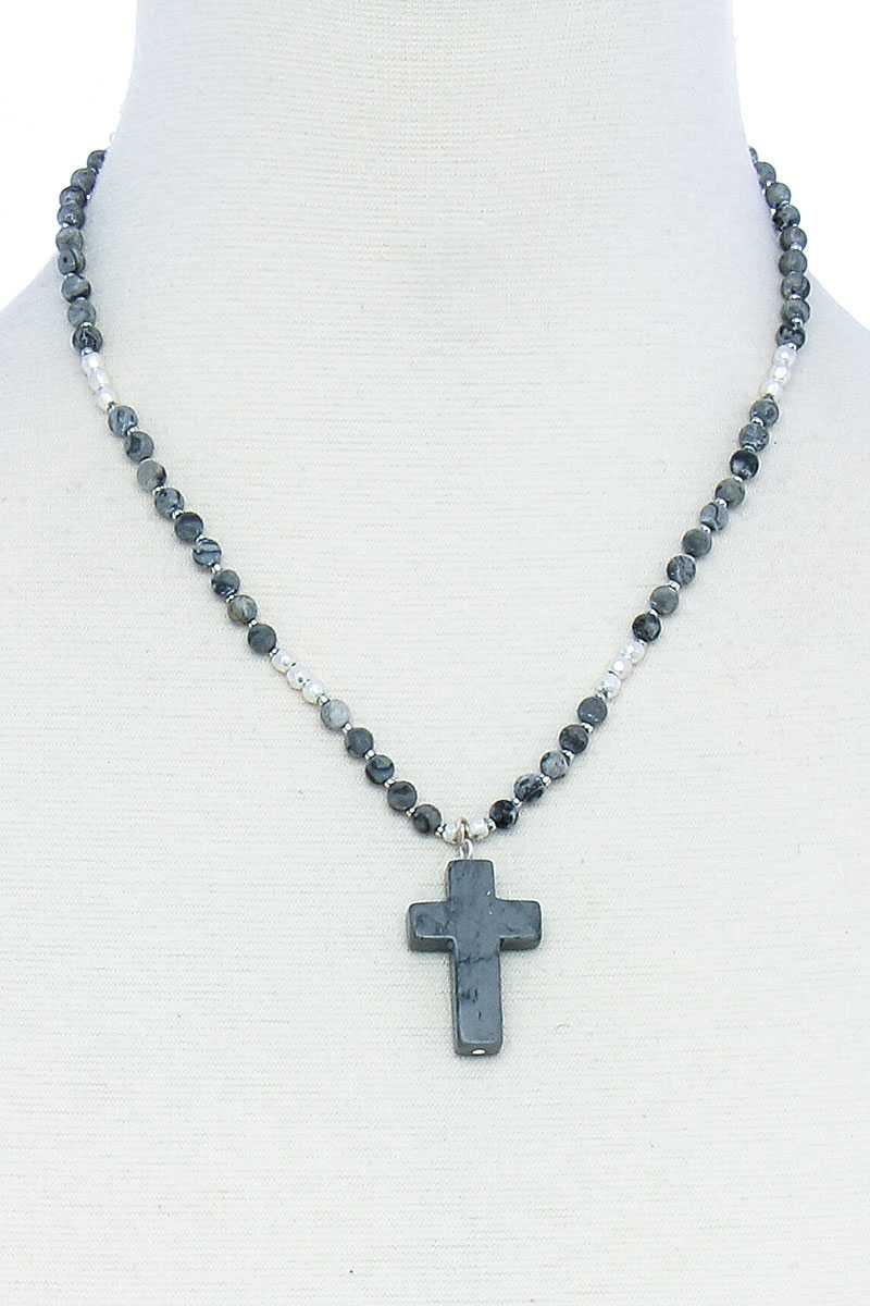 Chic Beaded And Cross Pendant Necklace - ZLA