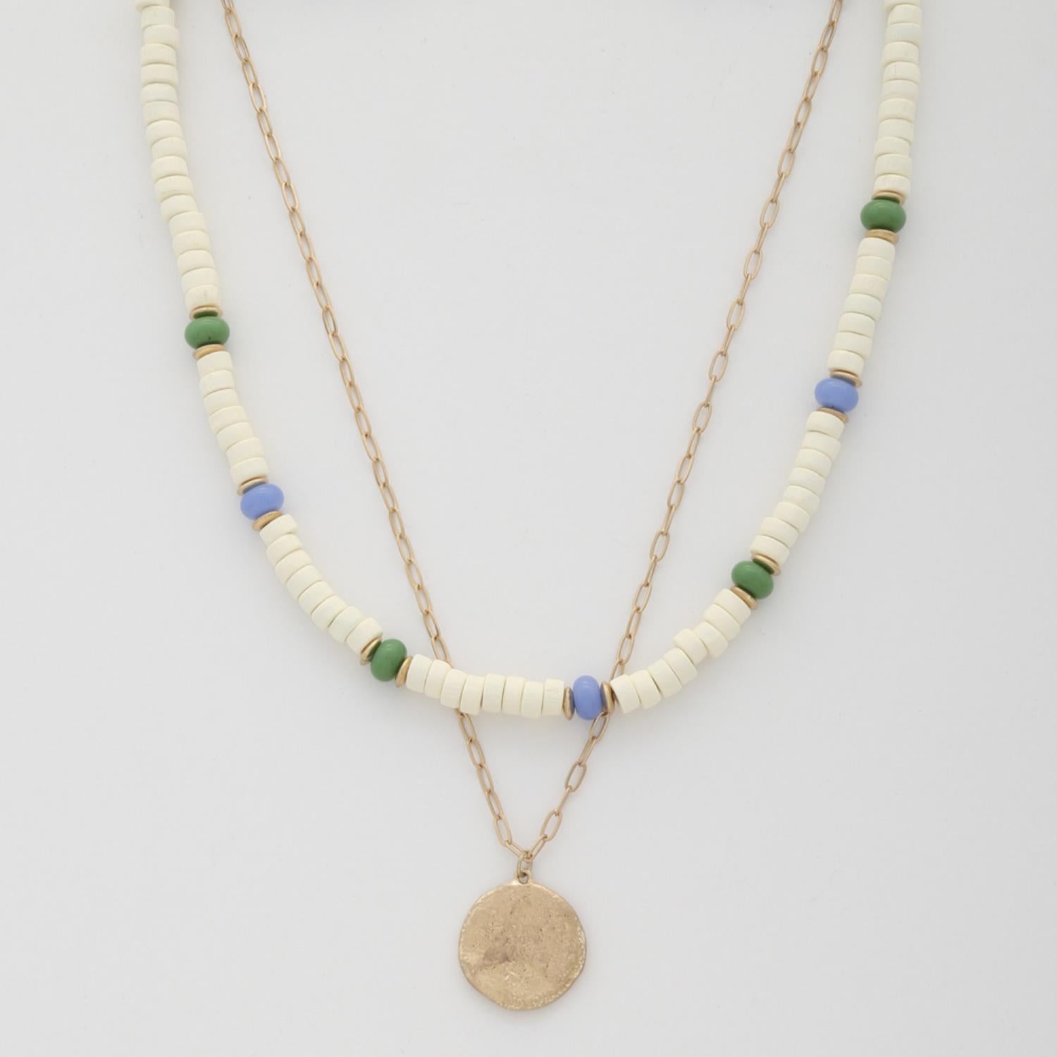 Coin Wood Bead Layered Necklace - ZLA