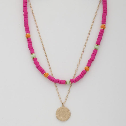 Coin Wood Bead Layered Necklace - ZLA