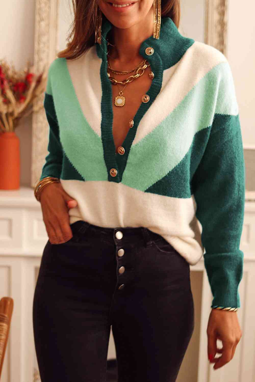 Color Block Buttoned Sweater - Premium  from Trendsi - Just $38! Shop now at ZLA